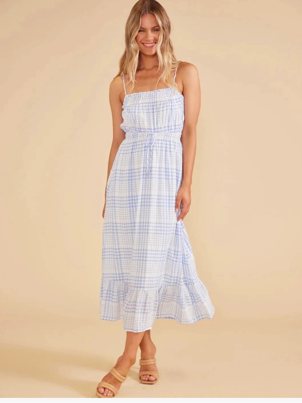 MINKPINK Emery Blue and White Plaid Smocked Maxi Dress